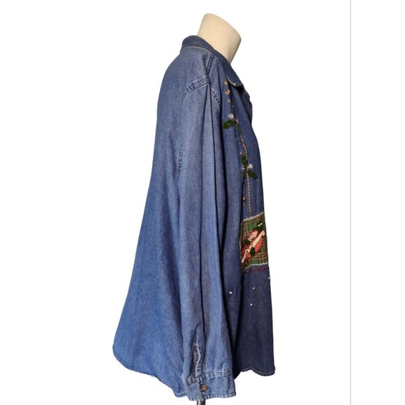 Vtg Victoria Jones Chambray Christmas Shirt Size 1X Plaid Patchwork Faux Pearls - Picture 5 of 8